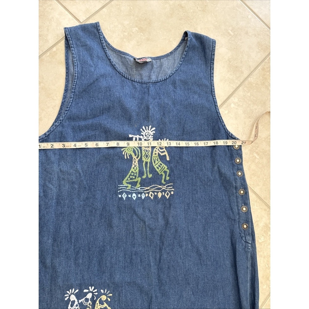 Vintage Fads Denim Maxi Dress Kokopelli Flute Player Blue Cotton Large RN 84789 - Picture 8 of 10